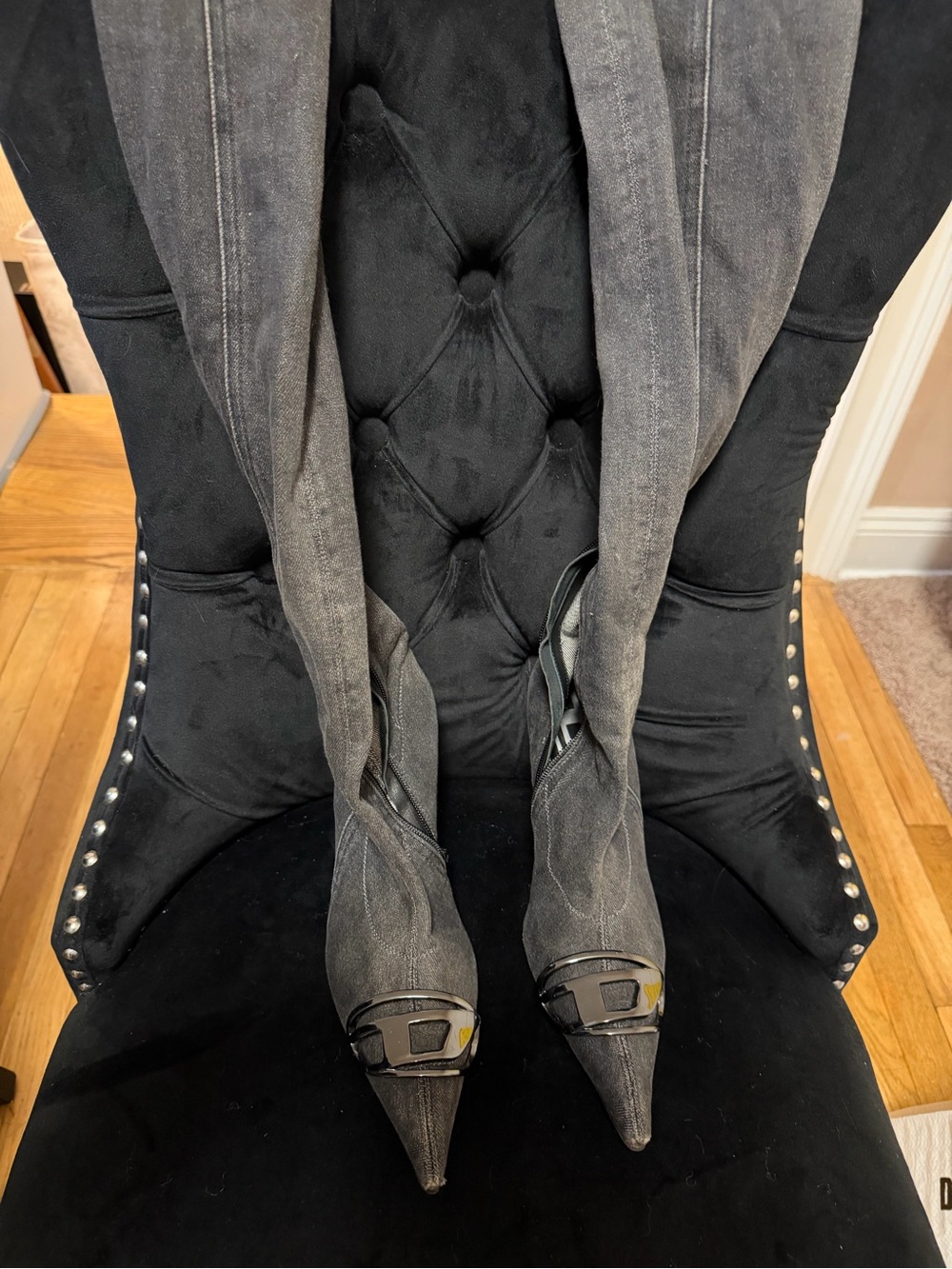 Diesel Gray Pointed Over-The-Knee Buckled Boots